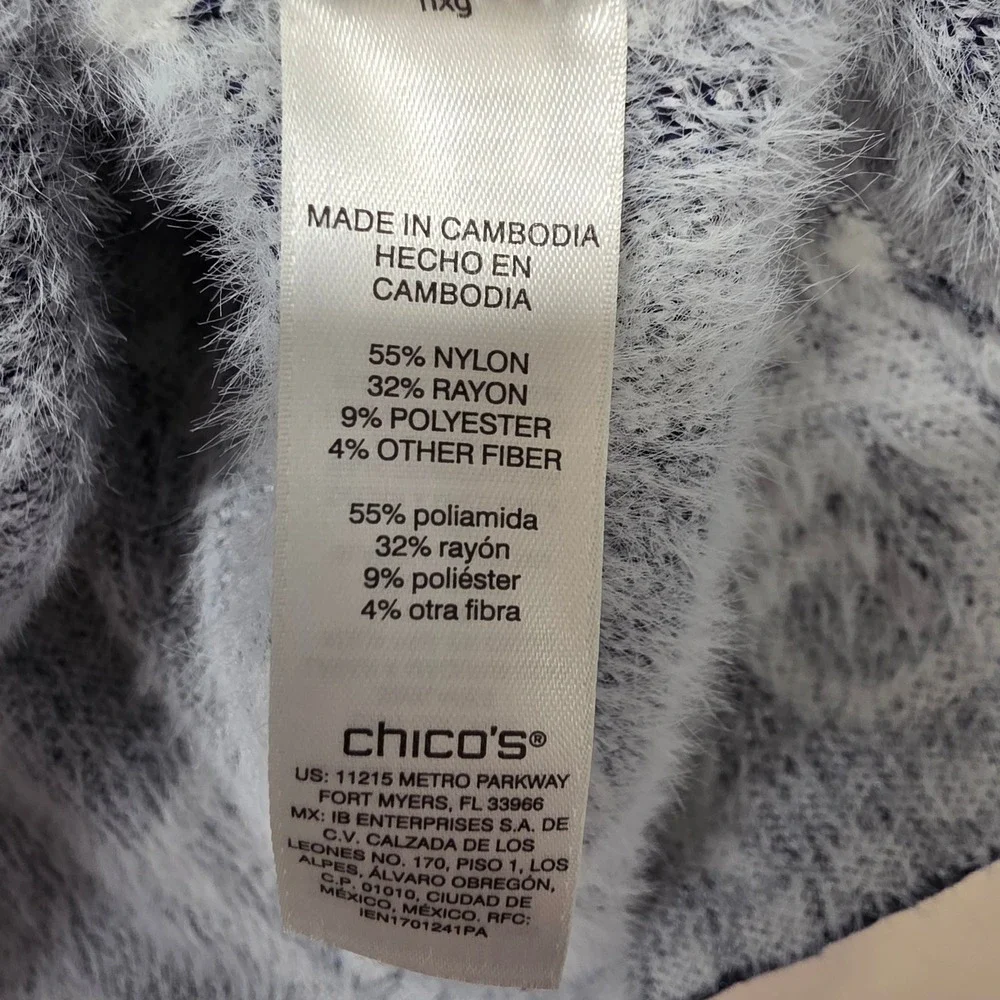 Chicos Navy Blue Paisley Eyelash Knit Quarter Zip Sweater Shimmer Size 3 Large